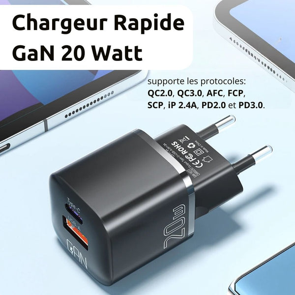 Chargeur Rapide noir qui permet de recharger avec efficacité deux appareils USB