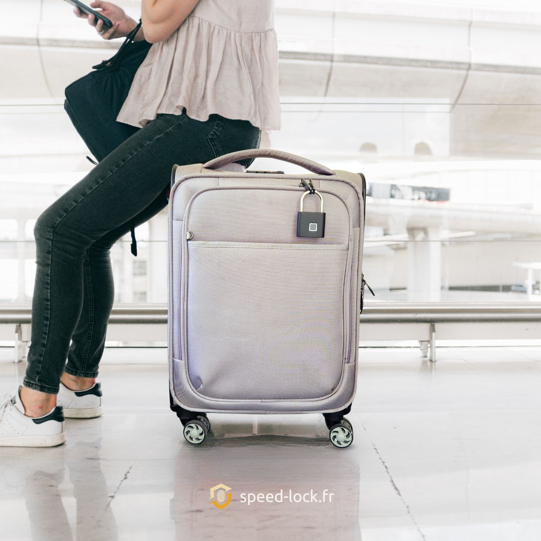 Femme assise sur une valise à l'aéroport avec le cadenas accroché sur sa valise